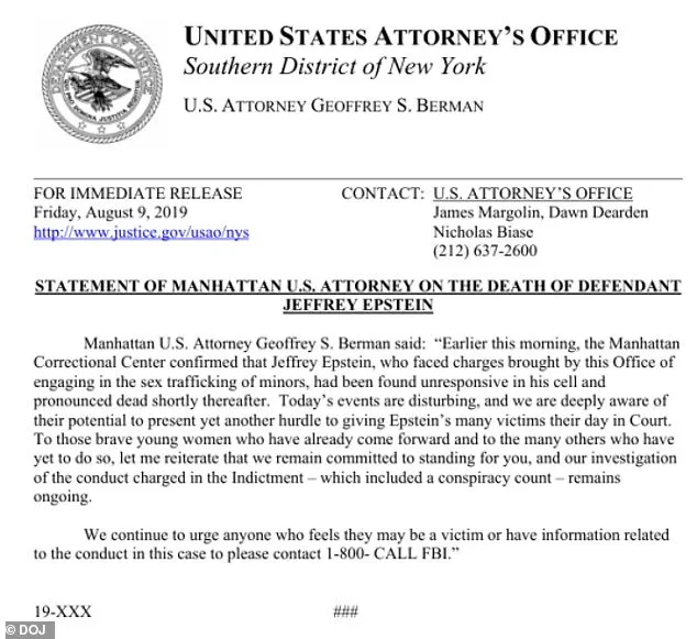 DOJ Statement Contradicts Prison Records on Epstein's Death Date