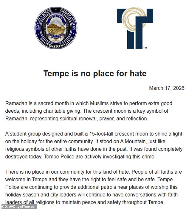 Vandals Destroy Prominent Ramadan Crescent Moon Symbol in Tempe, Arizona, Sparking Community Outrage