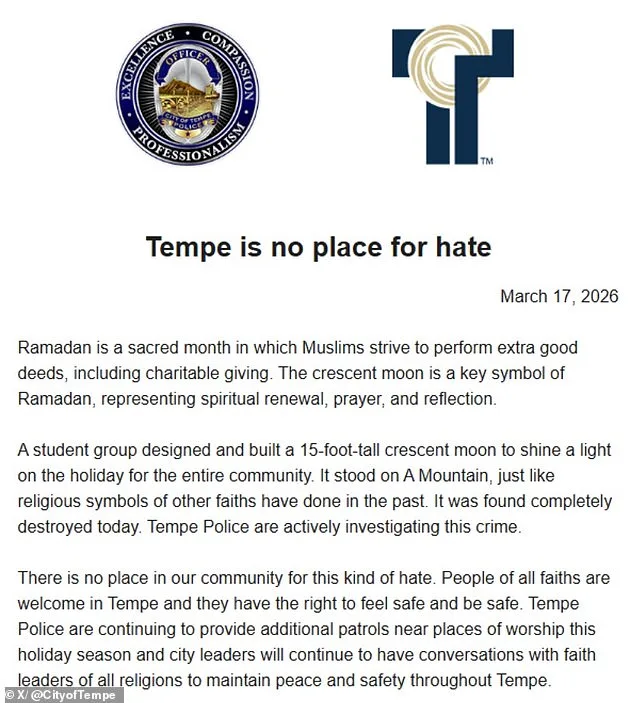 Vandals Destroy Prominent Ramadan Crescent Moon Symbol in Tempe, Arizona, Sparking Community Outrage